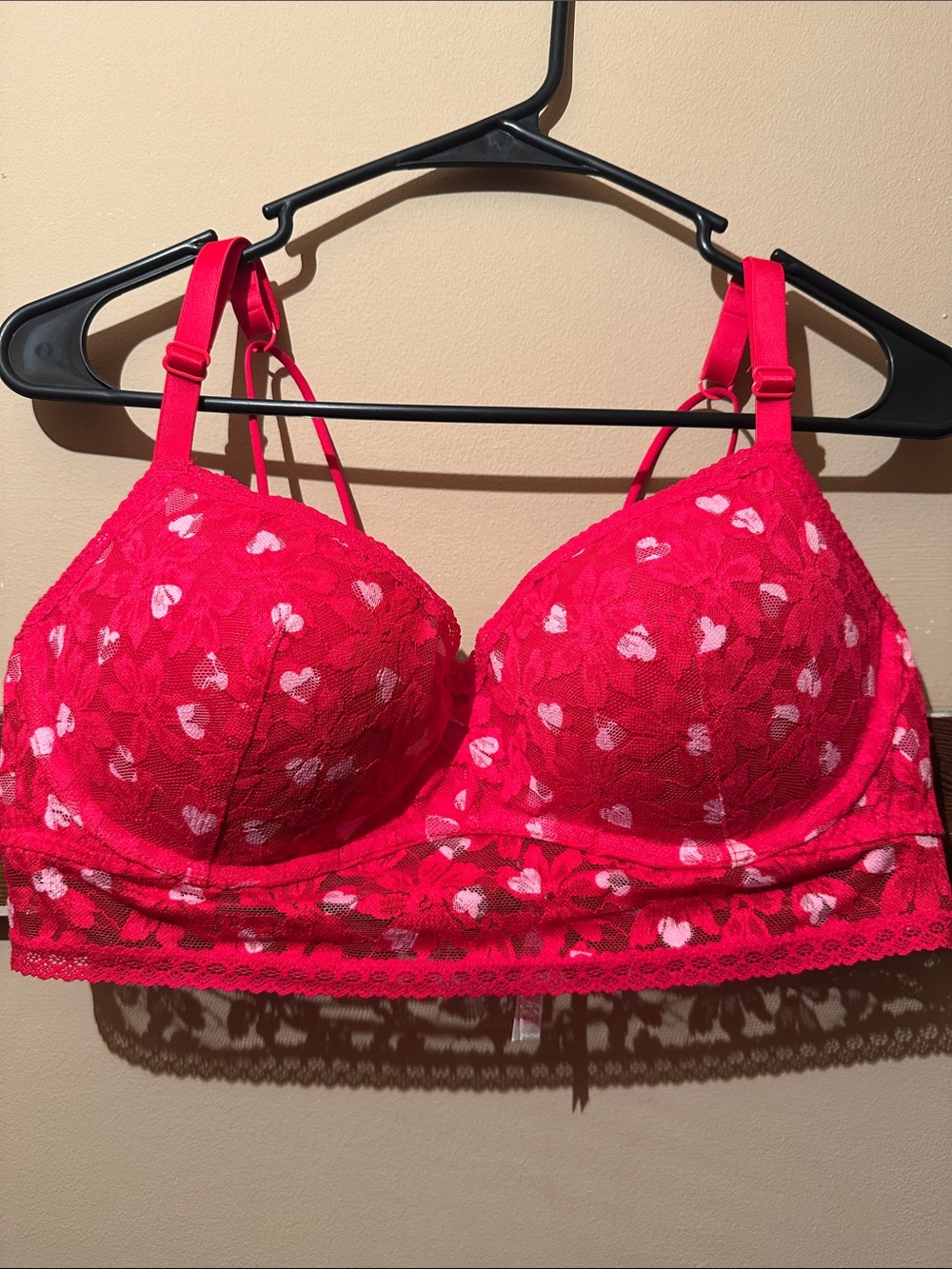 PINK Victoria's Secret Red Lace Heart-Print Bralette